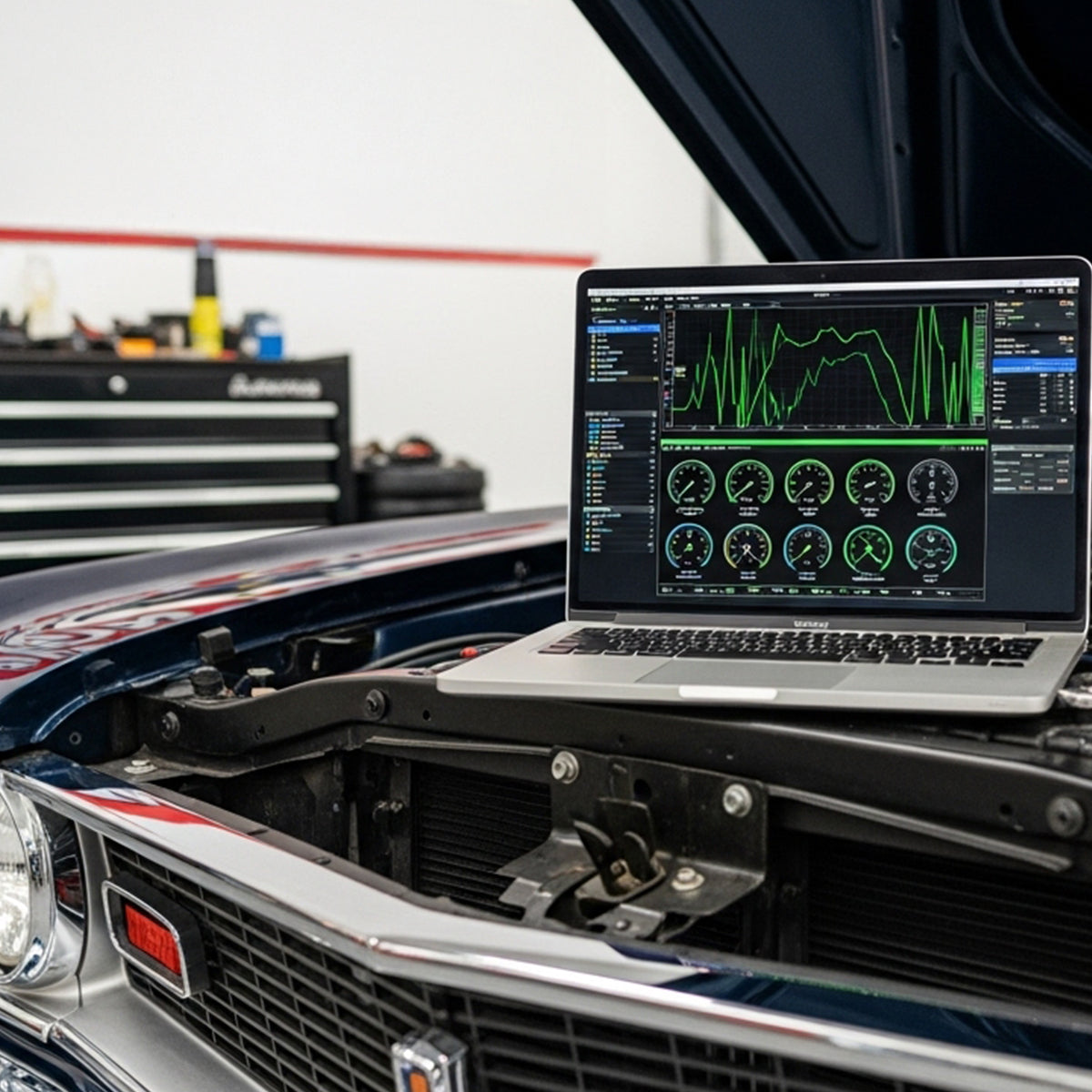 Laptop on a car's open hood displaying diagnostic software in a garage setting.